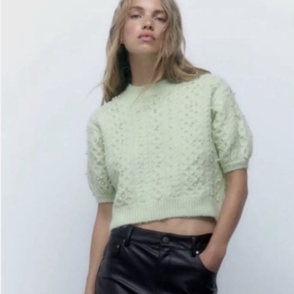 Zara Faux Pearl Embellished Crew Neck Fuzzy Knit Sweater Mint Green Size Medium
